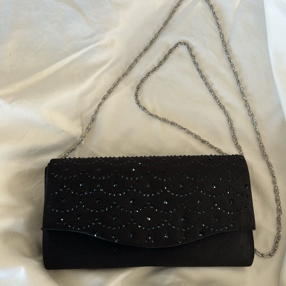 Black Satin clutch evening bag with black stones, beautiful silver chain